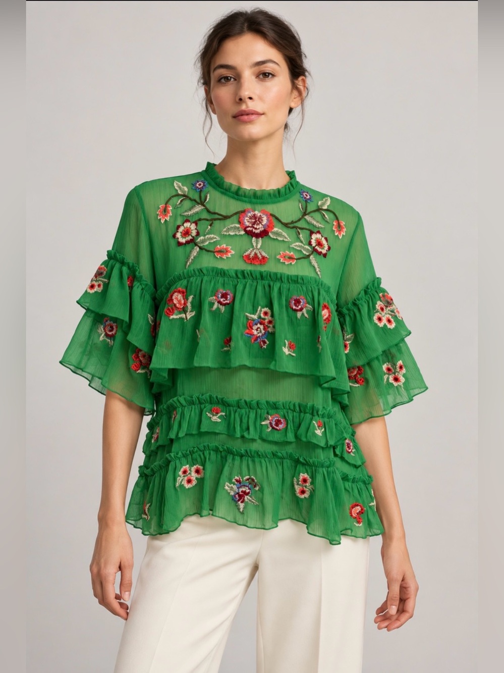 Zara Women’s Green Floral Embroidered Tiered Ruffle Blouse Size M
